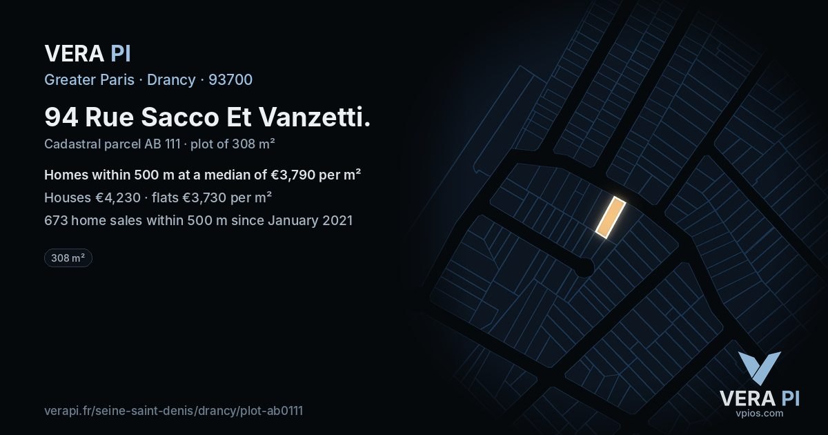 94 Rue Sacco Et Vanzetti, Drancy at night – the plot lit, the parcels around coloured by the prices near them