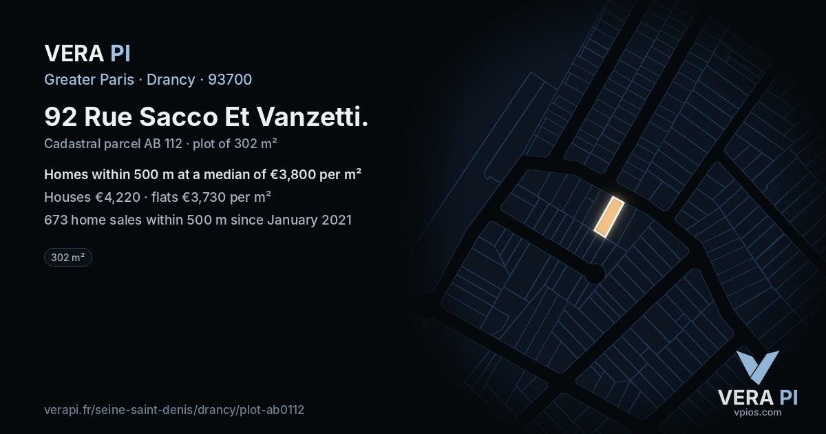 92 Rue Sacco Et Vanzetti, Drancy at night – the plot lit, the parcels around coloured by the prices near them