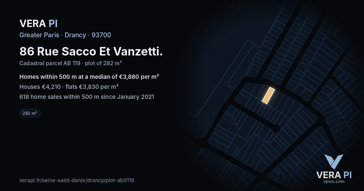 86 Rue Sacco Et Vanzetti, Drancy at night – the plot lit, the parcels around coloured by the prices near them