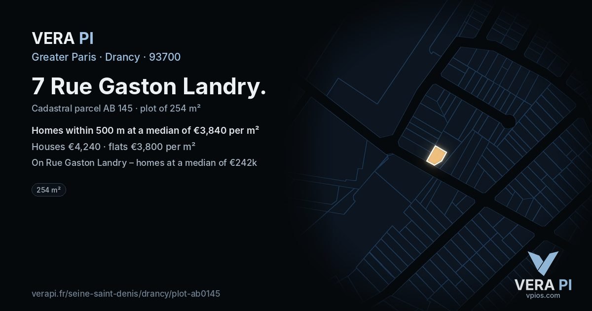 7 Rue Gaston Landry, Drancy at night – the plot lit, the parcels around coloured by the prices near them