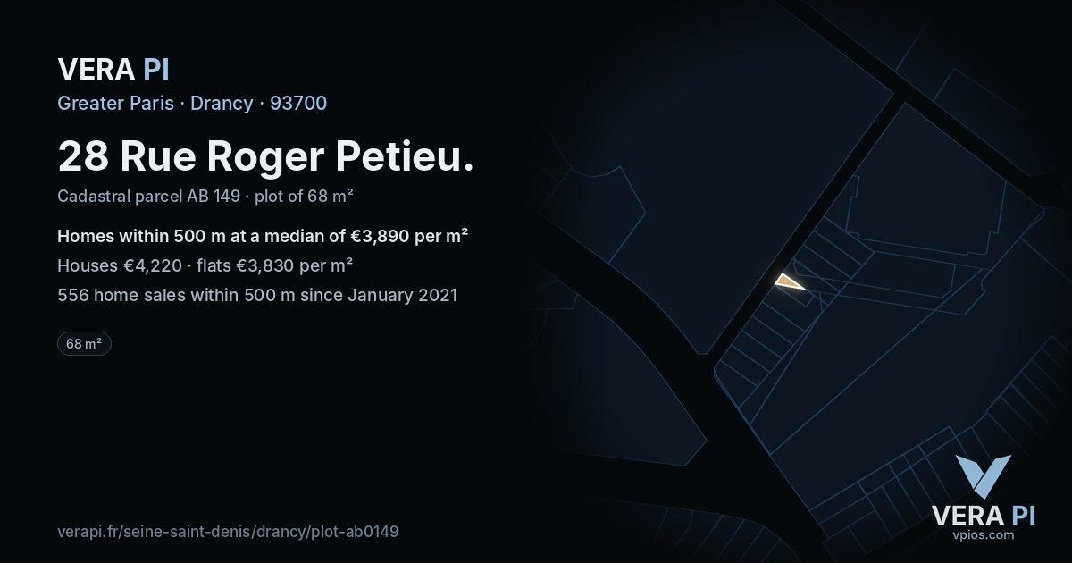 28 Rue Roger Petieu, Drancy at night – the plot lit, the parcels around coloured by the prices near them