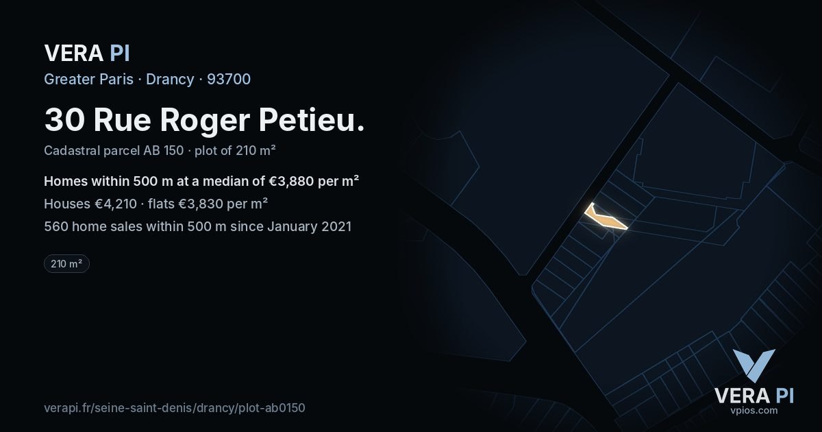 30 Rue Roger Petieu, Drancy at night – the plot lit, the parcels around coloured by the prices near them