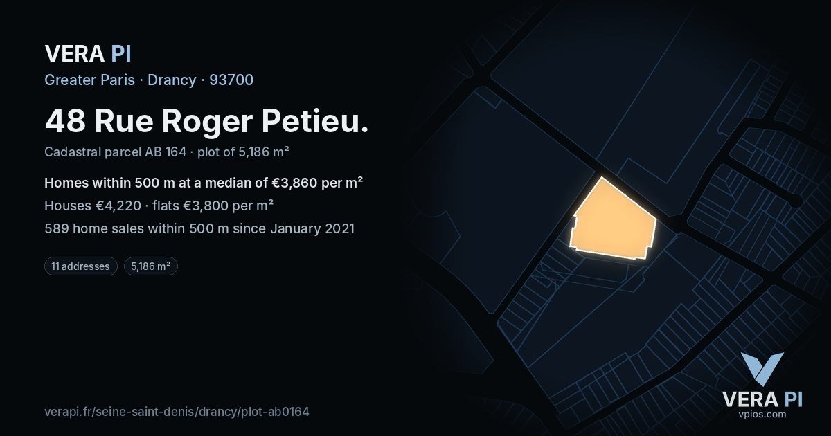 48 Rue Roger Petieu, Drancy at night – the plot lit, the parcels around coloured by the prices near them