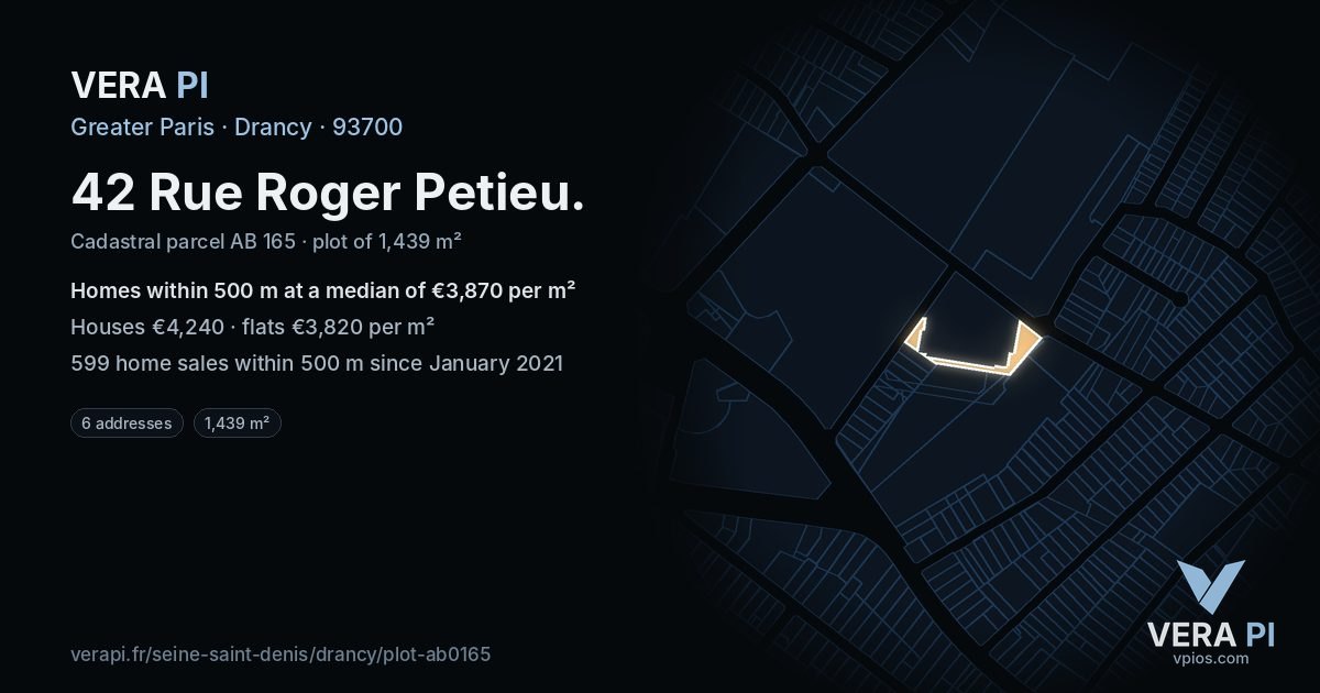 42 Rue Roger Petieu, Drancy at night – the plot lit, the parcels around coloured by the prices near them