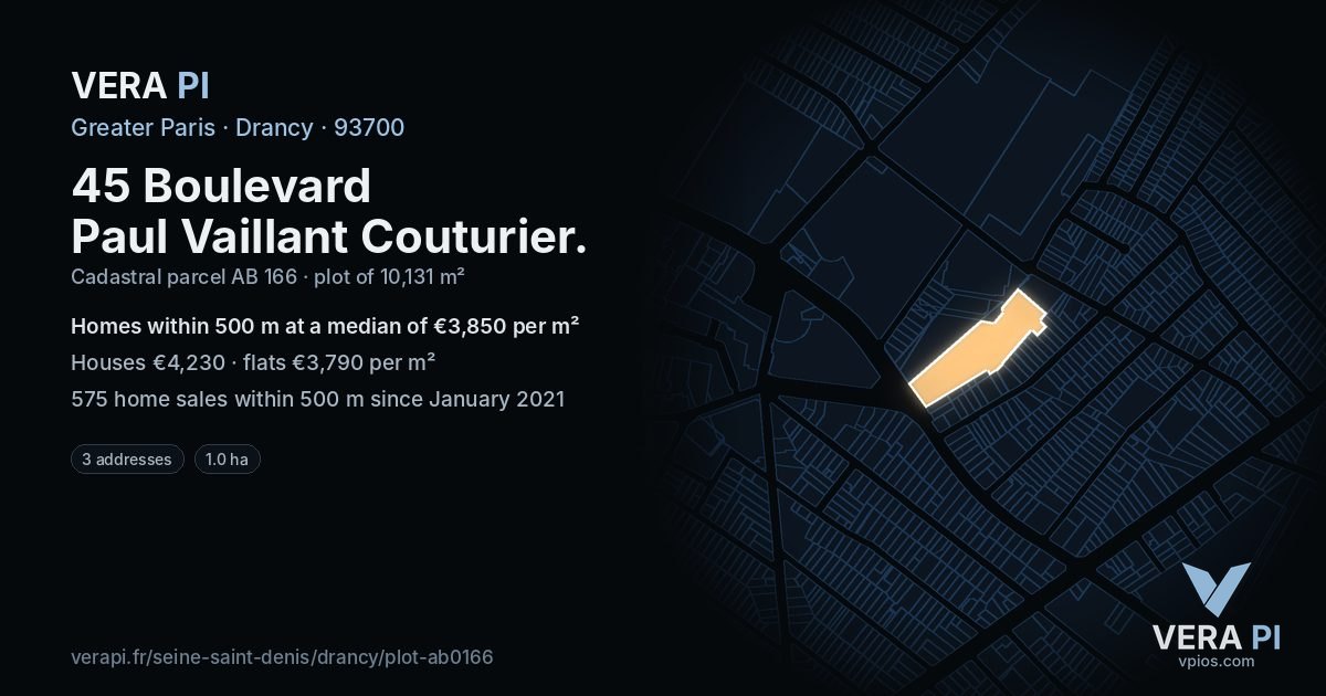 45 Boulevard Paul Vaillant Couturier, Drancy at night – the plot lit, the parcels around coloured by the prices near them