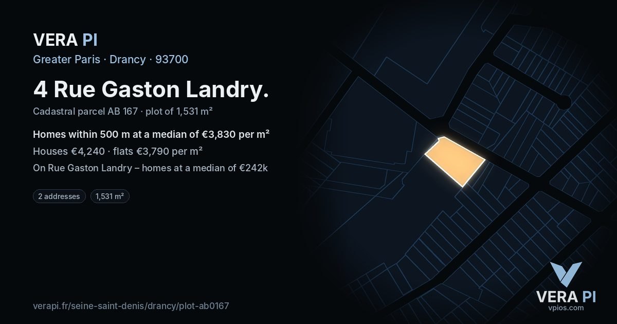 4 Rue Gaston Landry, Drancy at night – the plot lit, the parcels around coloured by the prices near them