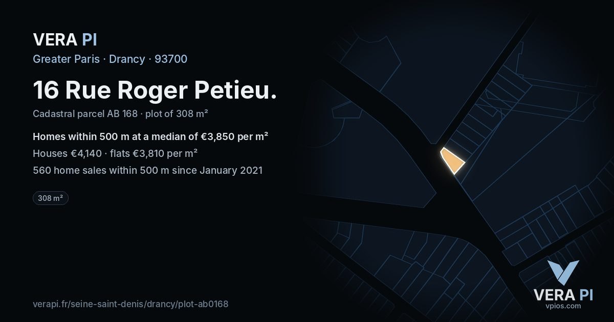 16 Rue Roger Petieu, Drancy at night – the plot lit, the parcels around coloured by the prices near them