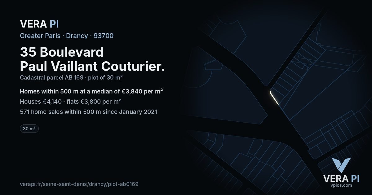 35 Boulevard Paul Vaillant Couturier, Drancy at night – the plot lit, the parcels around coloured by the prices near them