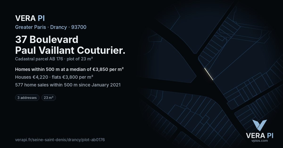 37 Boulevard Paul Vaillant Couturier, Drancy at night – the plot lit, the parcels around coloured by the prices near them