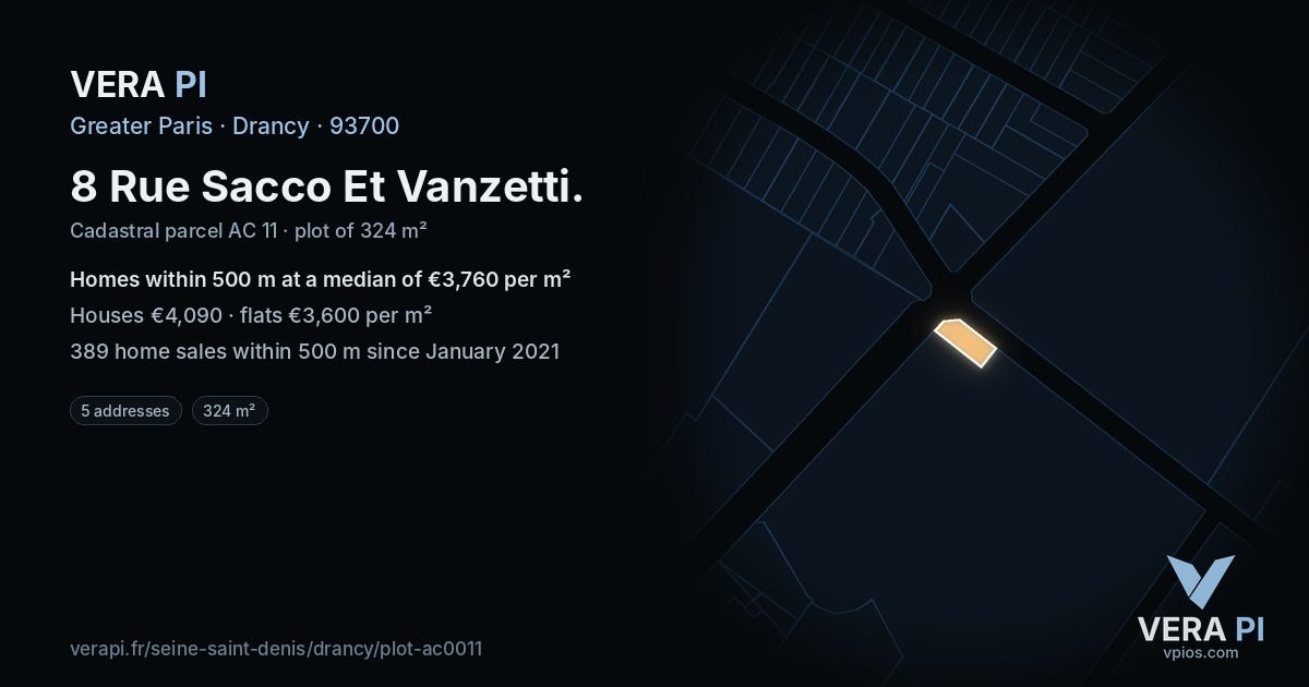 8 Rue Sacco Et Vanzetti, Drancy at night – the plot lit, the parcels around coloured by the prices near them