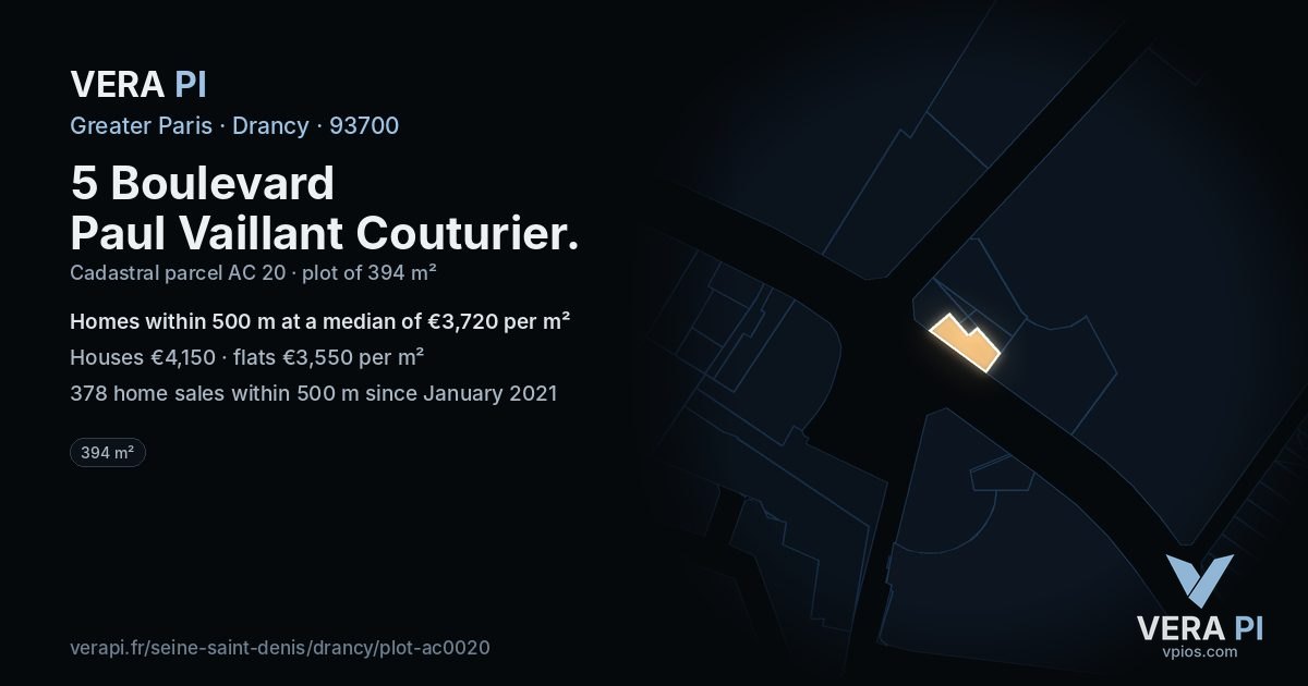 5 Boulevard Paul Vaillant Couturier, Drancy at night – the plot lit, the parcels around coloured by the prices near them