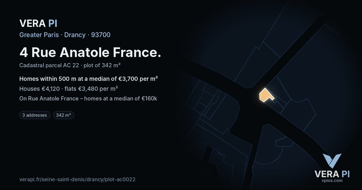 4 Rue Anatole France, Drancy at night – the plot lit, the parcels around coloured by the prices near them