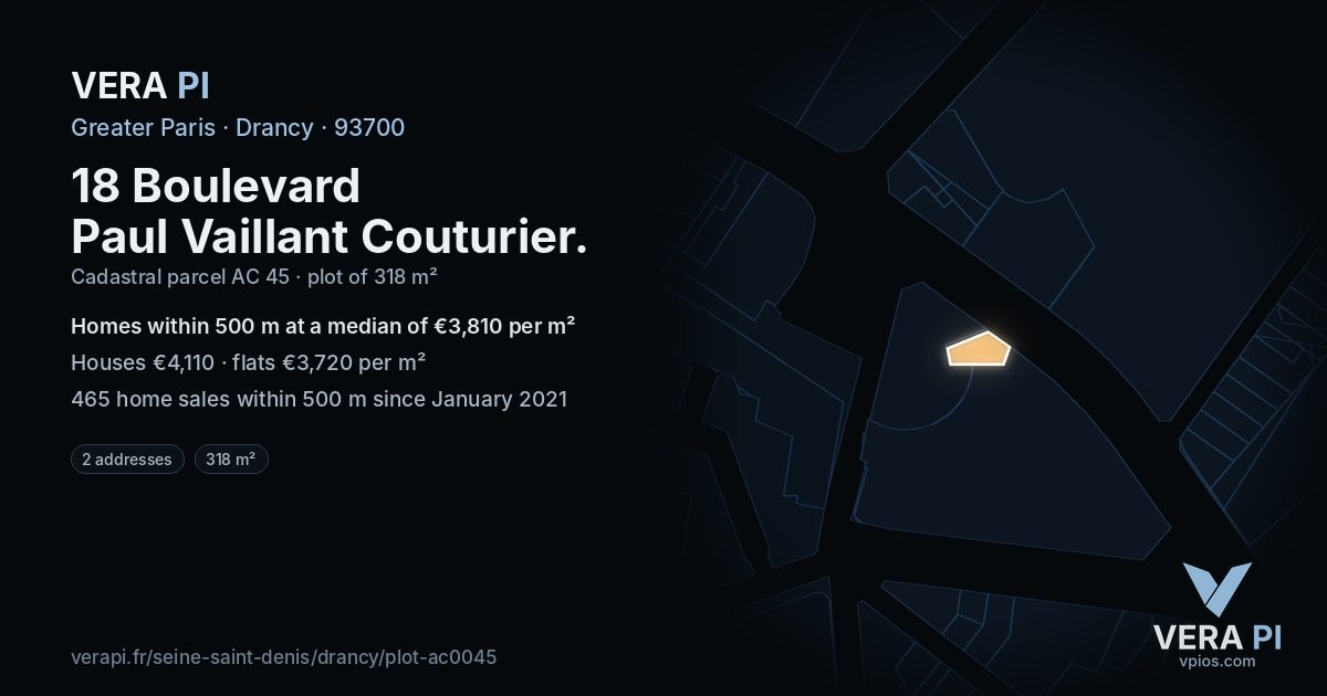 18 Boulevard Paul Vaillant Couturier, Drancy at night – the plot lit, the parcels around coloured by the prices near them