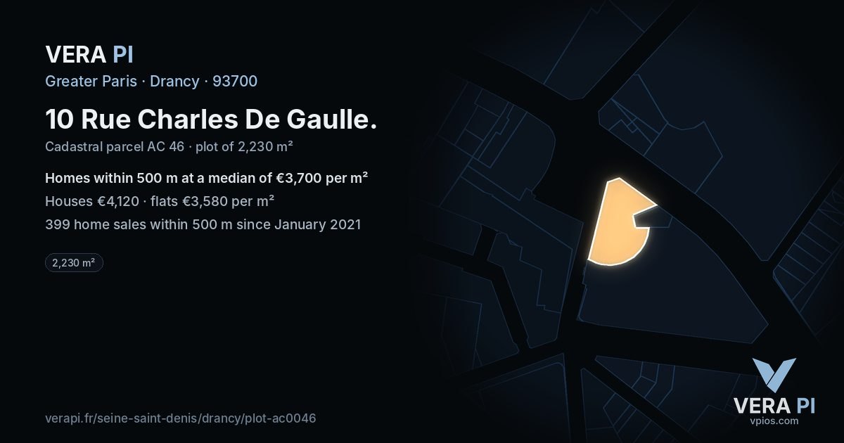 10 Rue Charles De Gaulle, Drancy at night – the plot lit, the parcels around coloured by the prices near them