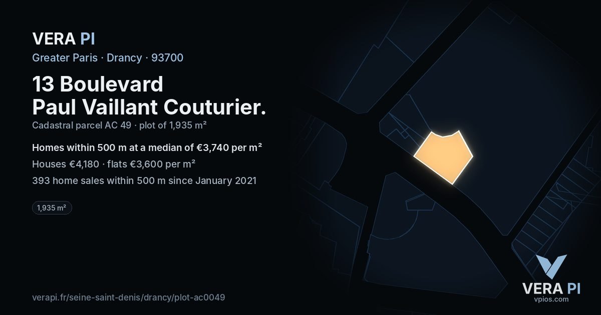 13 Boulevard Paul Vaillant Couturier, Drancy at night – the plot lit, the parcels around coloured by the prices near them