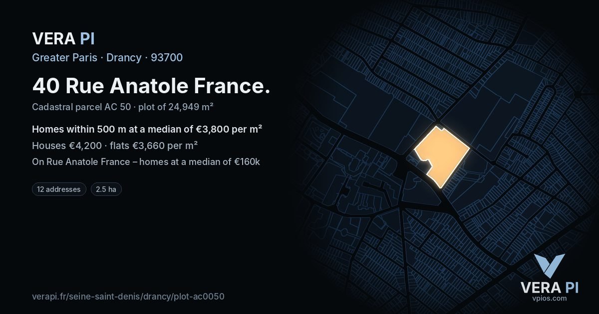 40 Rue Anatole France, Drancy at night – the plot lit, the parcels around coloured by the prices near them
