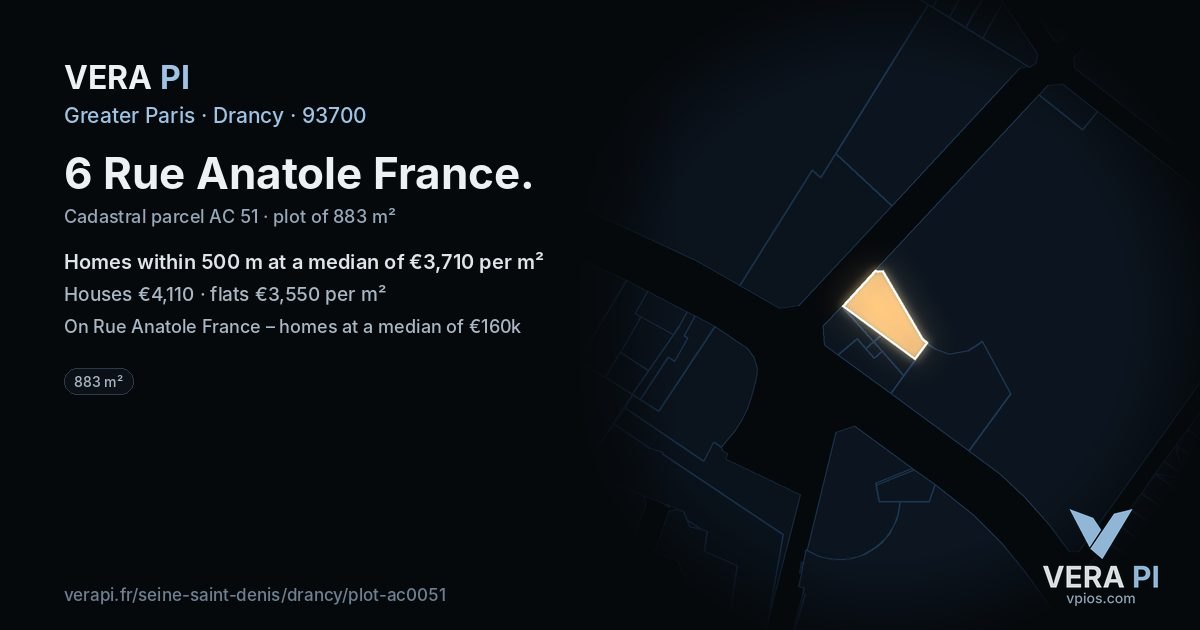 6 Rue Anatole France, Drancy at night – the plot lit, the parcels around coloured by the prices near them