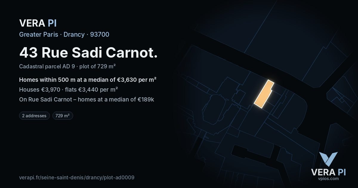 43 Rue Sadi Carnot, Drancy at night – the plot lit, the parcels around coloured by the prices near them