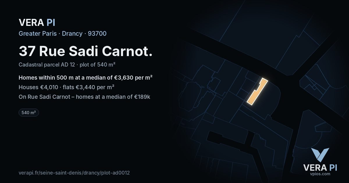 37 Rue Sadi Carnot, Drancy at night – the plot lit, the parcels around coloured by the prices near them