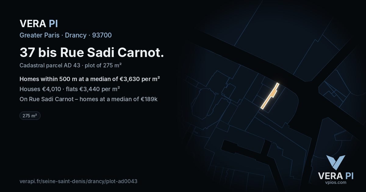 37 bis Rue Sadi Carnot, Drancy at night – the plot lit, the parcels around coloured by the prices near them