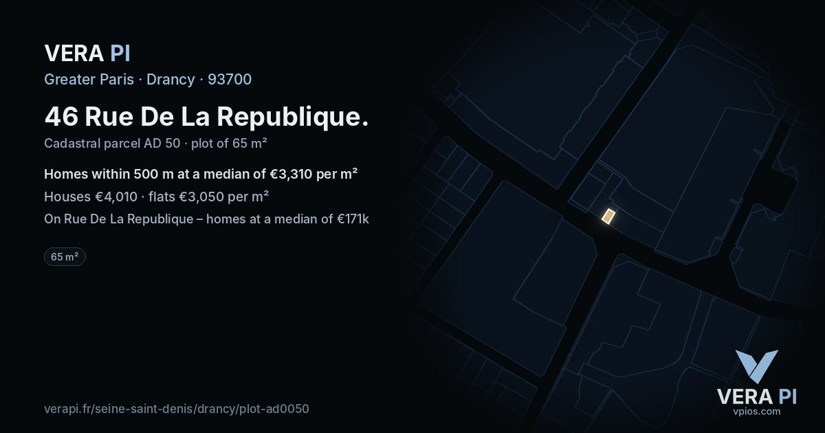 46 Rue De La Republique, Drancy at night – the plot lit, the parcels around coloured by the prices near them
