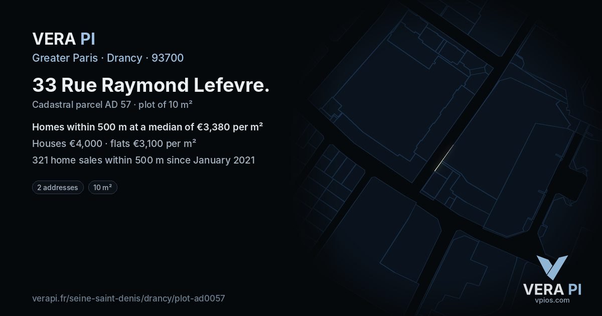 33 Rue Raymond Lefevre, Drancy at night – the plot lit, the parcels around coloured by the prices near them