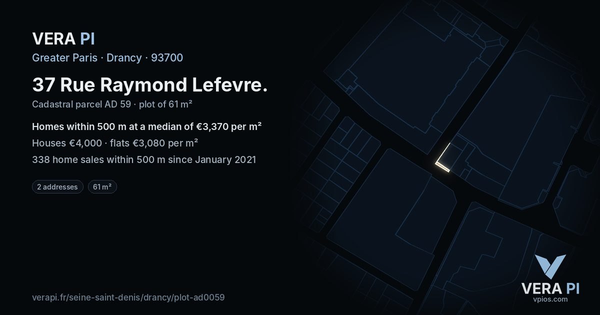 37 Rue Raymond Lefevre, Drancy at night – the plot lit, the parcels around coloured by the prices near them