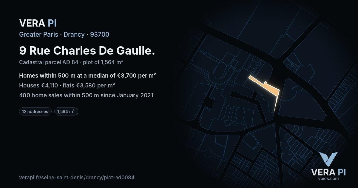 9 Rue Charles De Gaulle, Drancy at night – the plot lit, the parcels around coloured by the prices near them