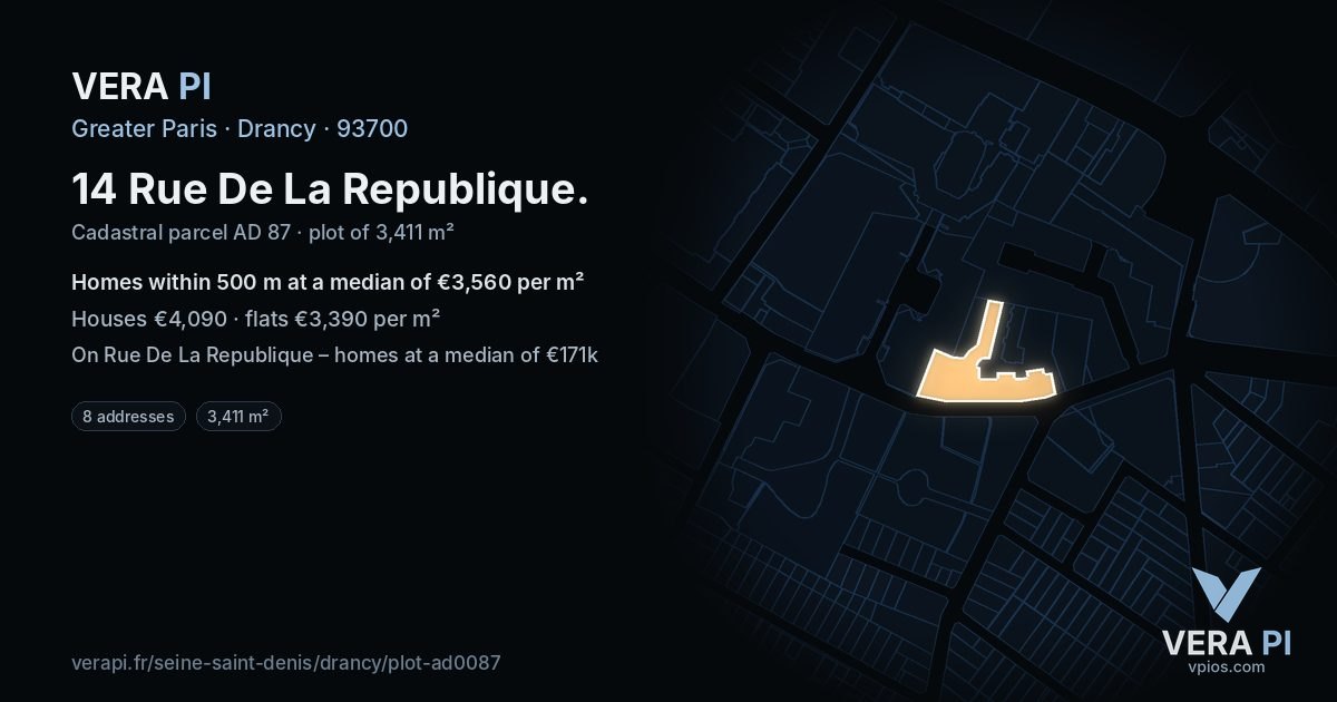 14 Rue De La Republique, Drancy at night – the plot lit, the parcels around coloured by the prices near them