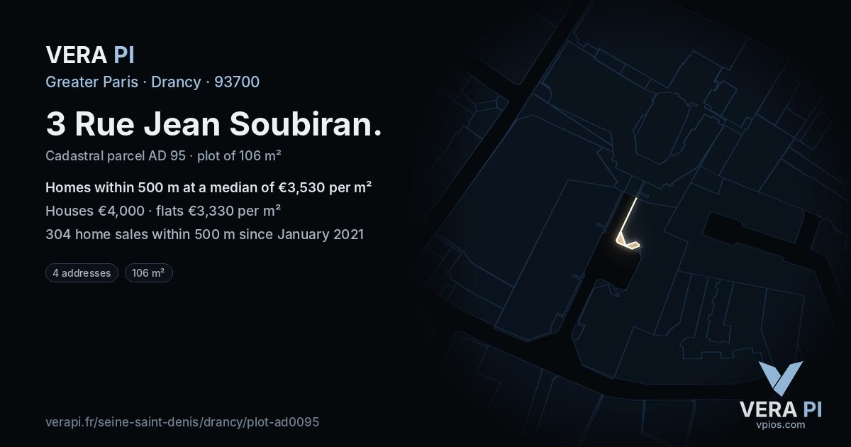 3 Rue Jean Soubiran, Drancy at night – the plot lit, the parcels around coloured by the prices near them