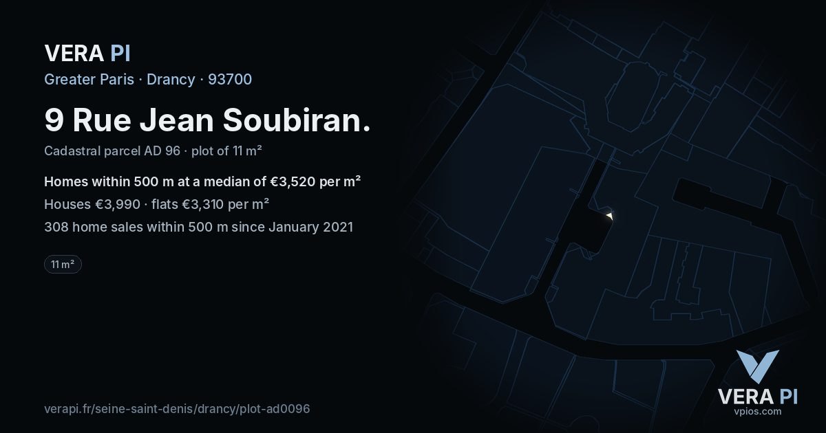 9 Rue Jean Soubiran, Drancy at night – the plot lit, the parcels around coloured by the prices near them