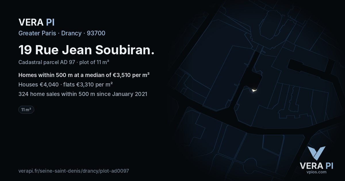 19 Rue Jean Soubiran, Drancy at night – the plot lit, the parcels around coloured by the prices near them