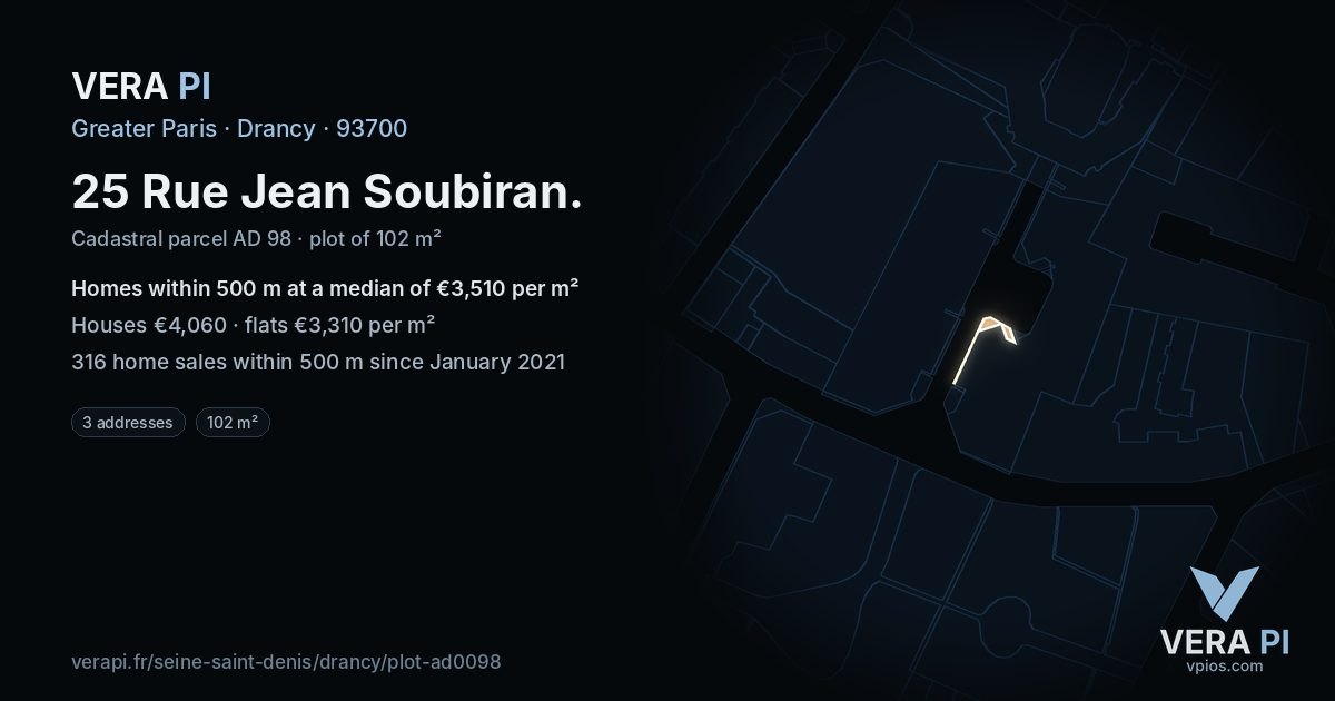 25 Rue Jean Soubiran, Drancy at night – the plot lit, the parcels around coloured by the prices near them
