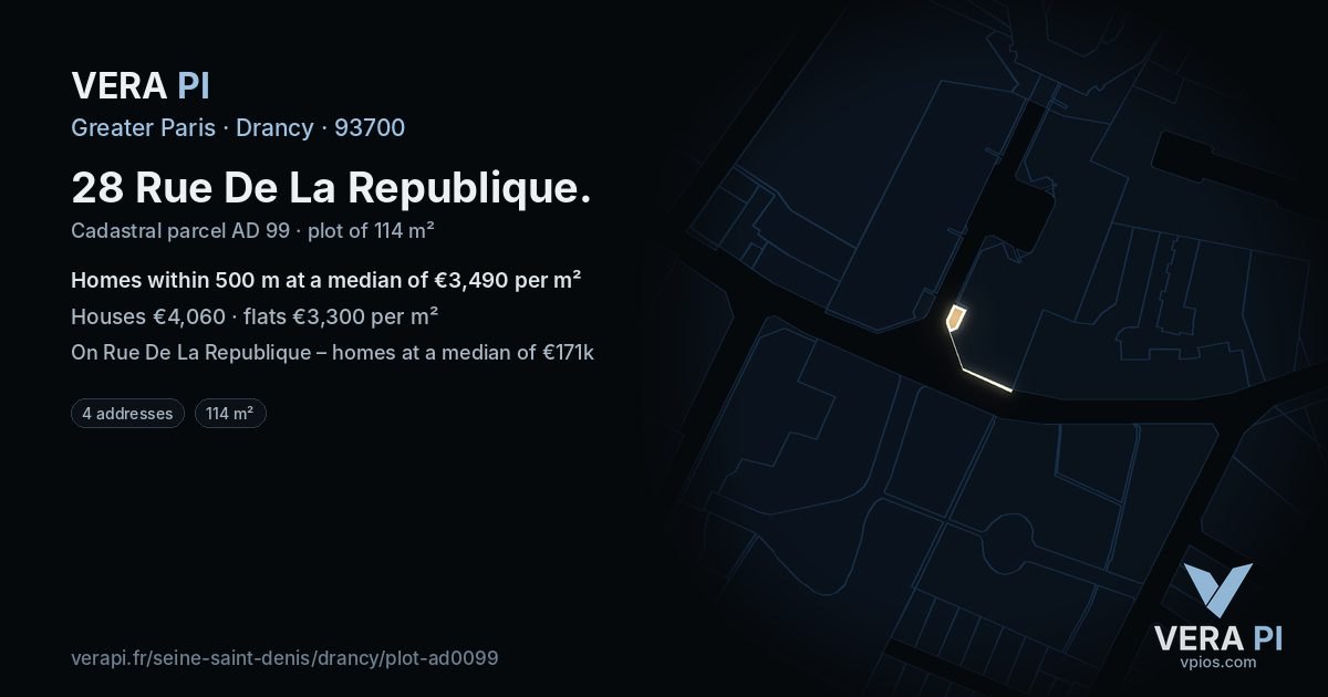 28 Rue De La Republique, Drancy at night – the plot lit, the parcels around coloured by the prices near them