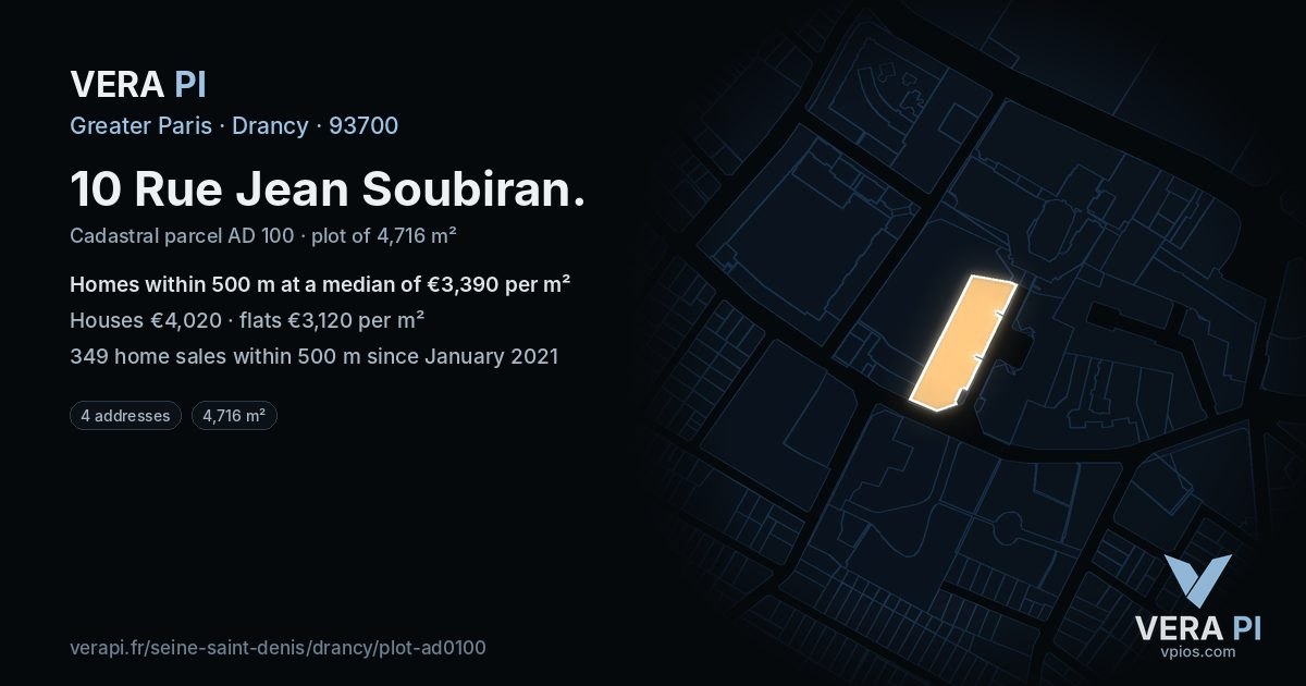 10 Rue Jean Soubiran, Drancy at night – the plot lit, the parcels around coloured by the prices near them