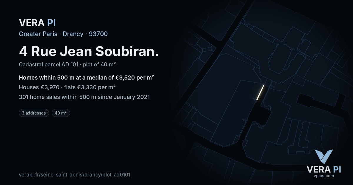 4 Rue Jean Soubiran, Drancy at night – the plot lit, the parcels around coloured by the prices near them