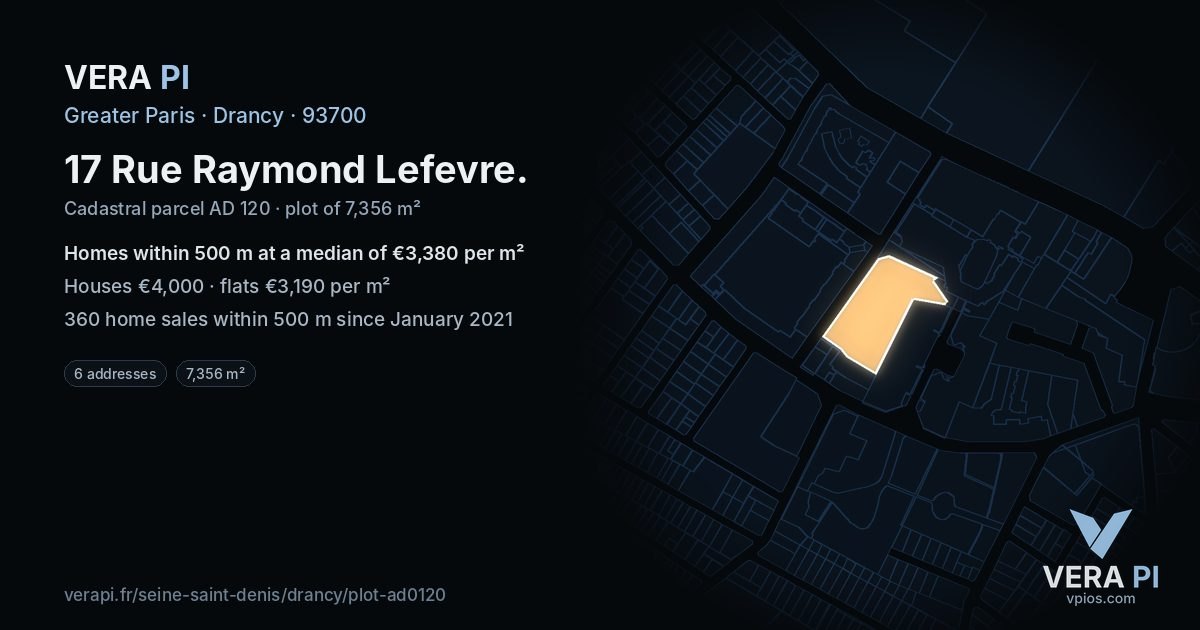 17 Rue Raymond Lefevre, Drancy at night – the plot lit, the parcels around coloured by the prices near them