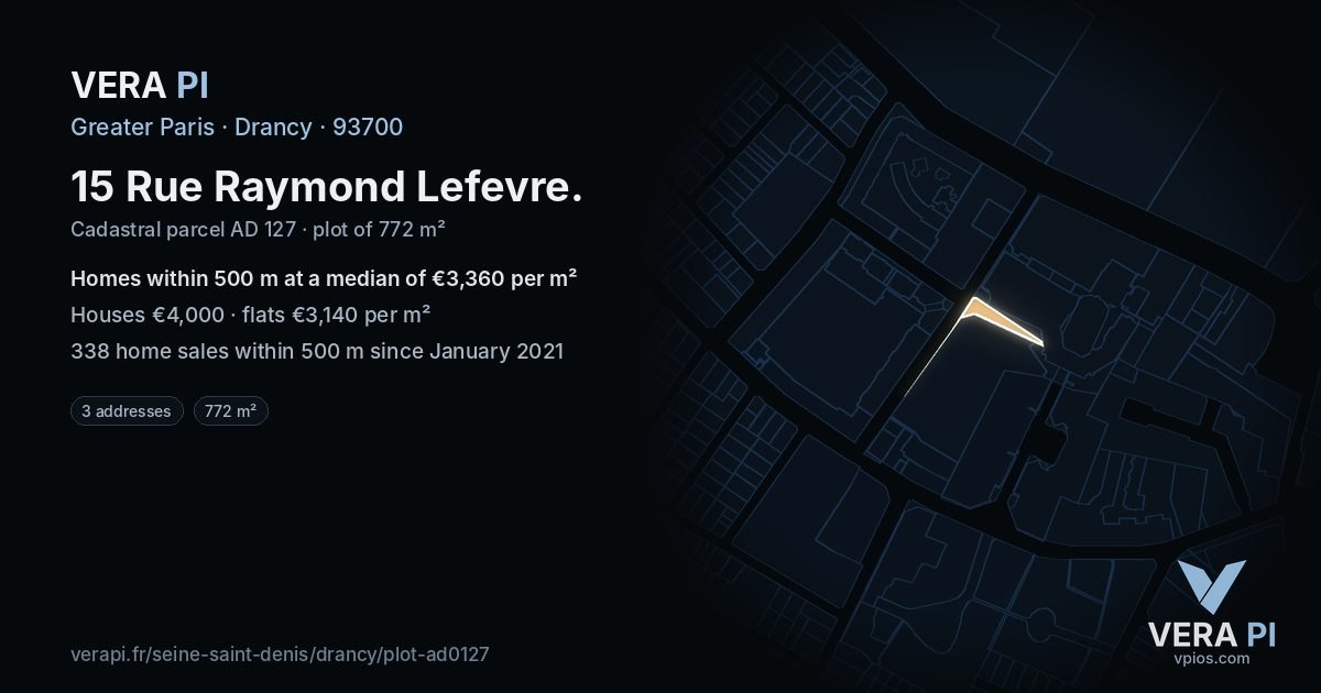15 Rue Raymond Lefevre, Drancy at night – the plot lit, the parcels around coloured by the prices near them