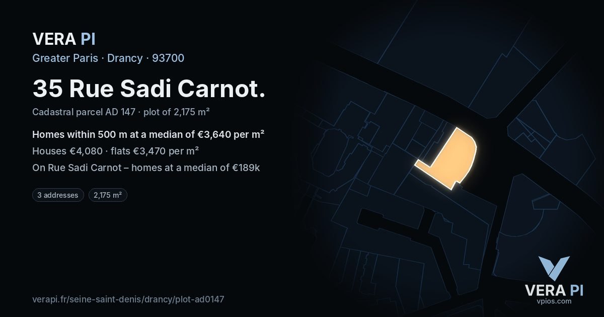35 Rue Sadi Carnot, Drancy at night – the plot lit, the parcels around coloured by the prices near them