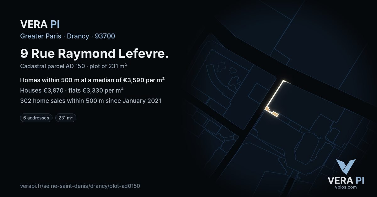 9 Rue Raymond Lefevre, Drancy at night – the plot lit, the parcels around coloured by the prices near them