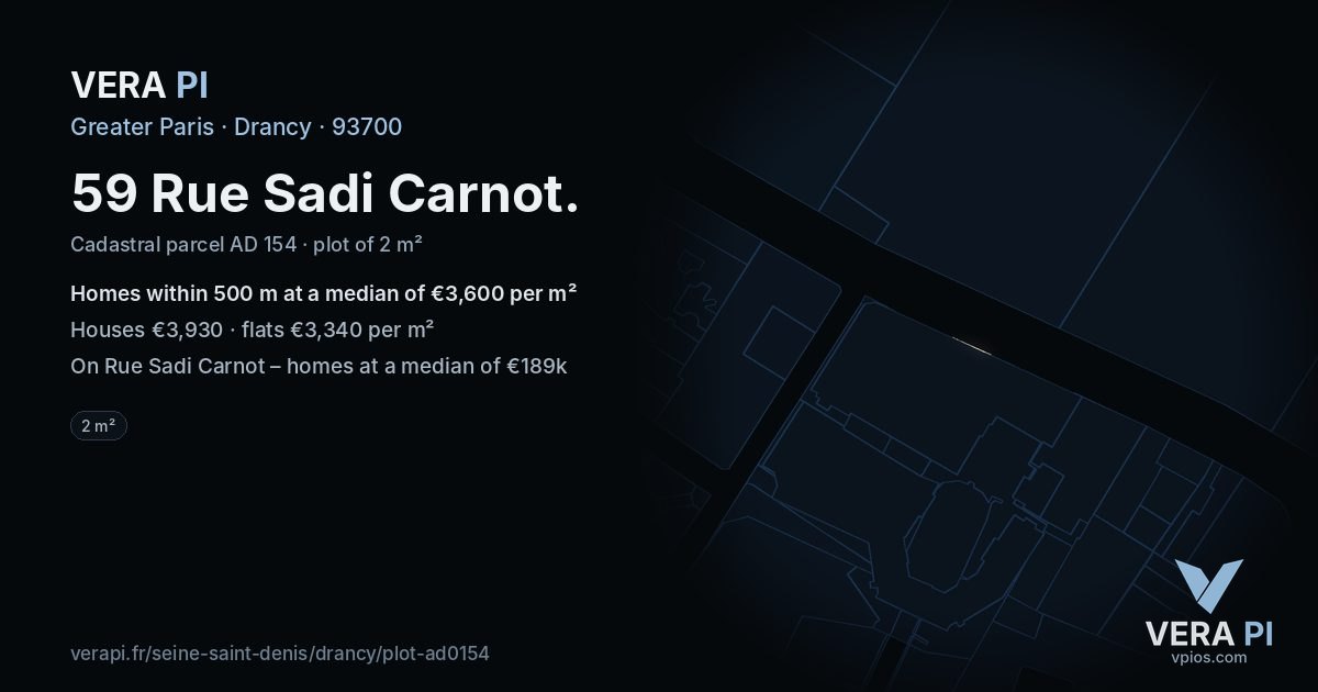 59 Rue Sadi Carnot, Drancy at night – the plot lit, the parcels around coloured by the prices near them