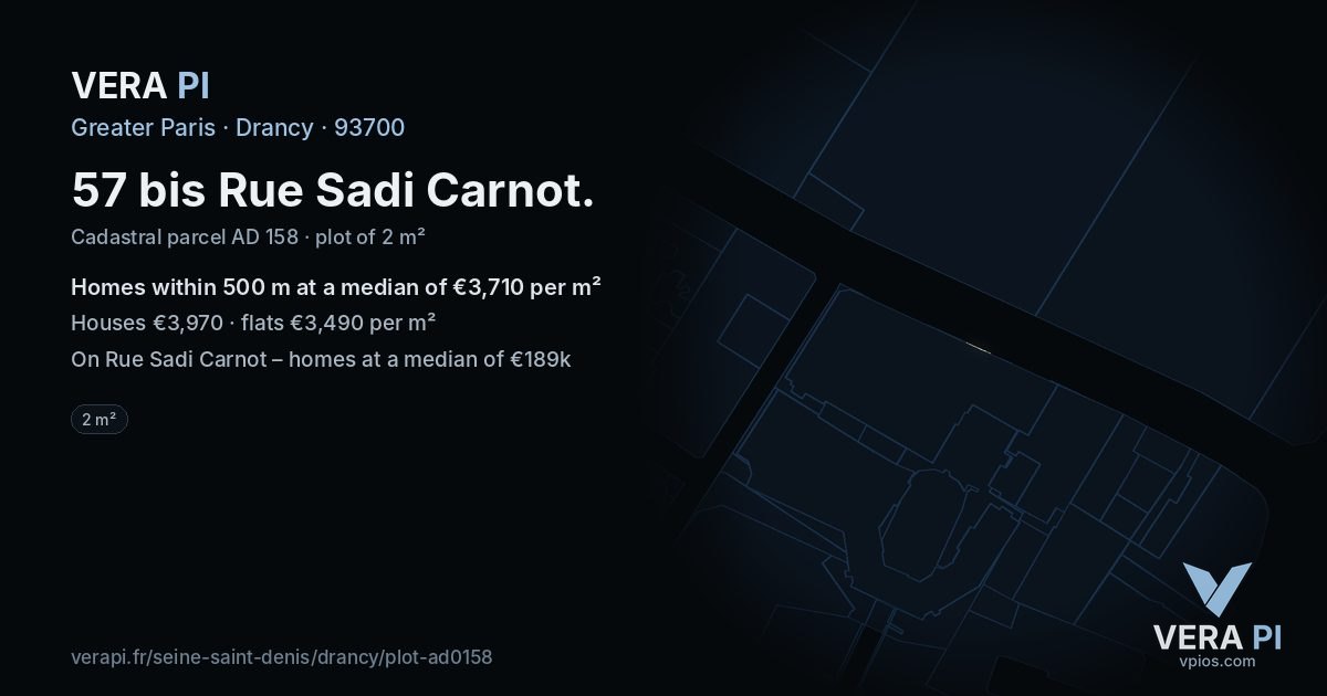 57 bis Rue Sadi Carnot, Drancy at night – the plot lit, the parcels around coloured by the prices near them
