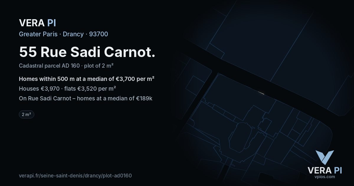 55 Rue Sadi Carnot, Drancy at night – the plot lit, the parcels around coloured by the prices near them