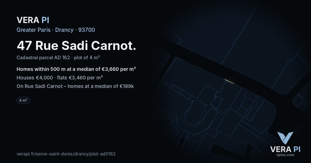 47 Rue Sadi Carnot, Drancy at night – the plot lit, the parcels around coloured by the prices near them
