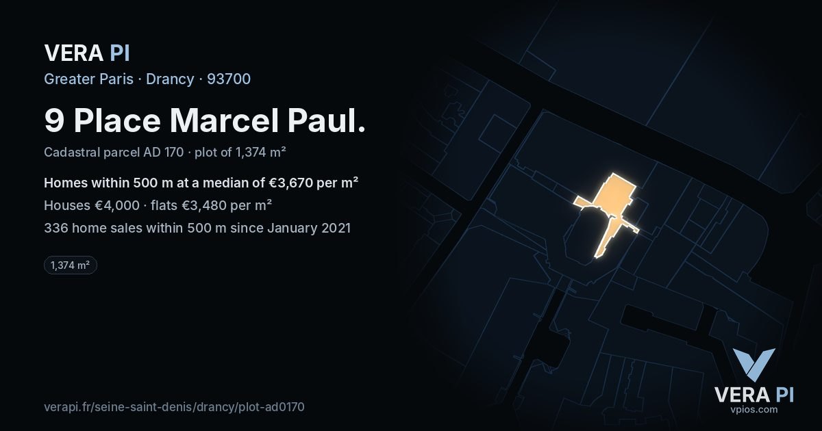 9 Place Marcel Paul, Drancy at night – the plot lit, the parcels around coloured by the prices near them