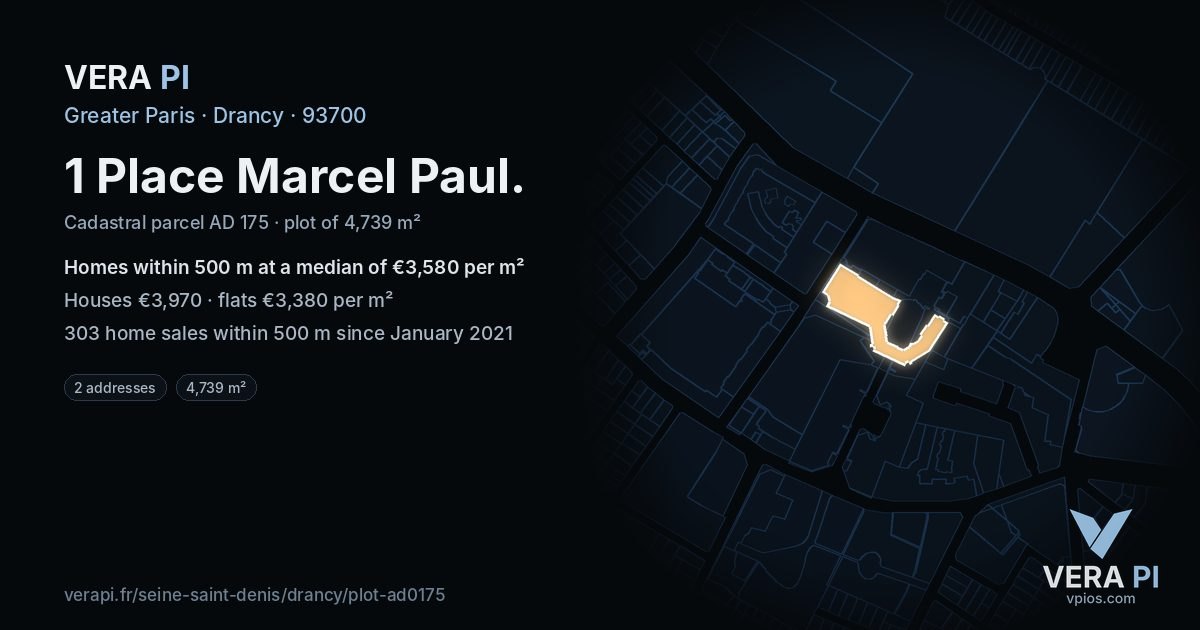 1 Place Marcel Paul, Drancy at night – the plot lit, the parcels around coloured by the prices near them