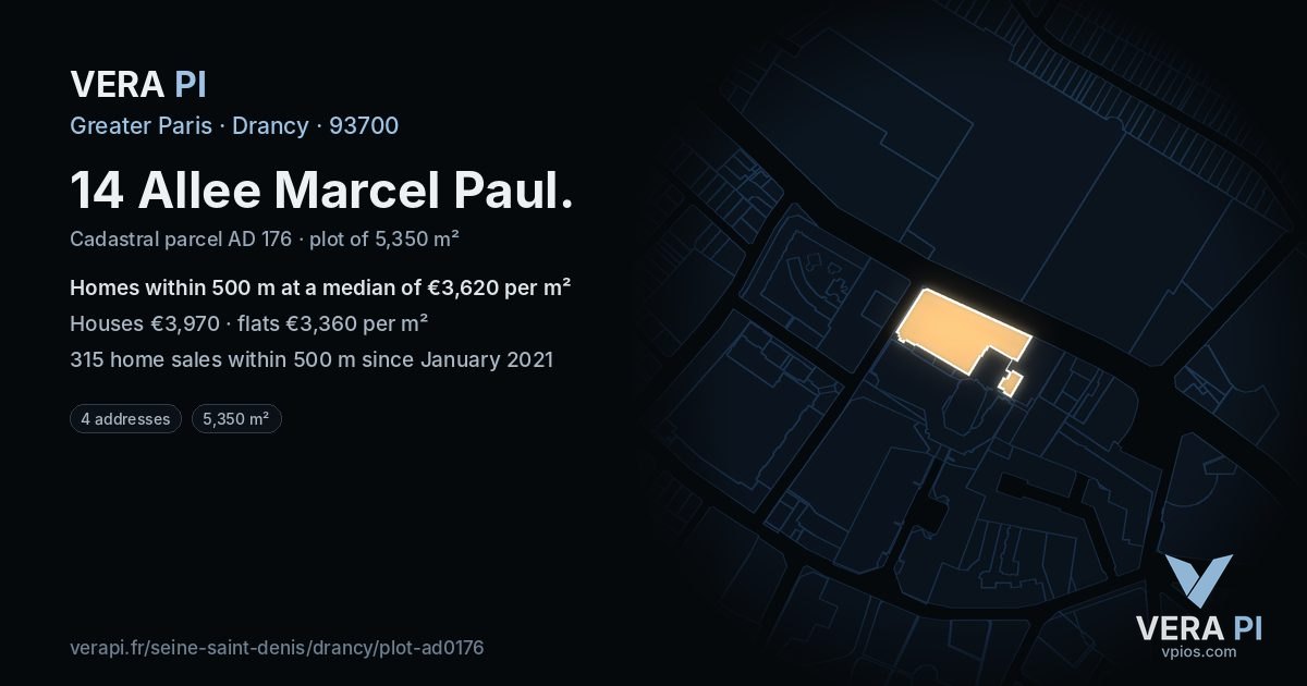 14 Allee Marcel Paul, Drancy at night – the plot lit, the parcels around coloured by the prices near them