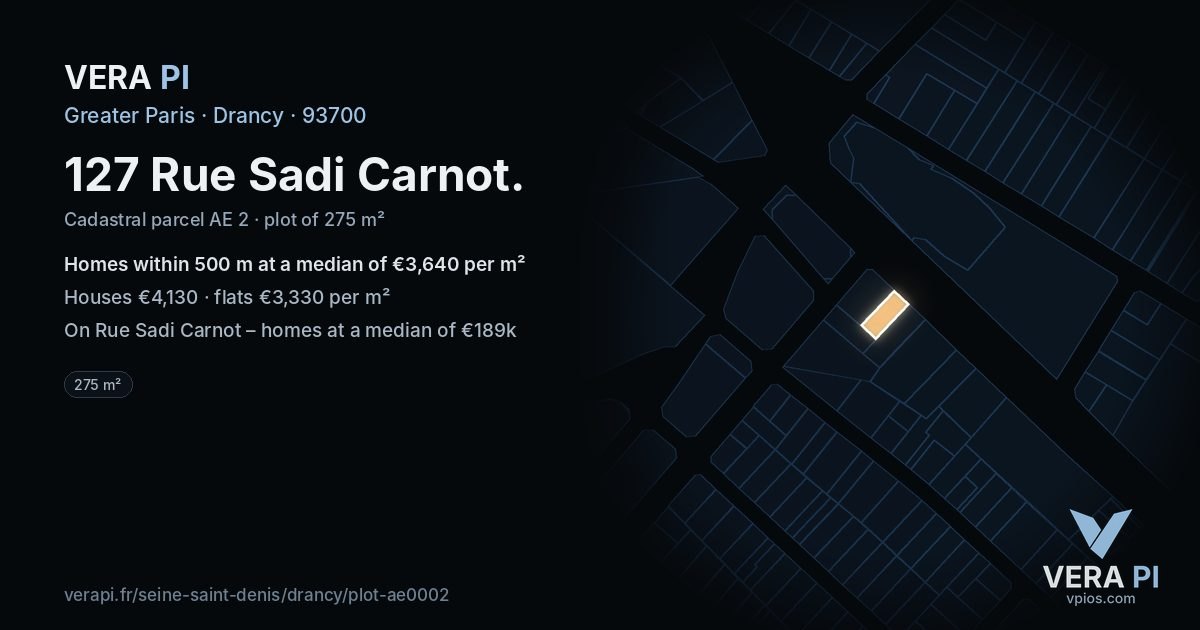 127 Rue Sadi Carnot, Drancy at night – the plot lit, the parcels around coloured by the prices near them