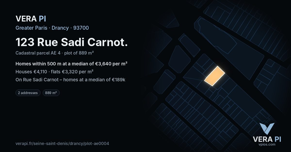 123 Rue Sadi Carnot, Drancy at night – the plot lit, the parcels around coloured by the prices near them