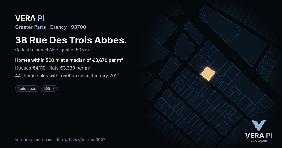 38 Rue Des Trois Abbes, Drancy at night – the plot lit, the parcels around coloured by the prices near them